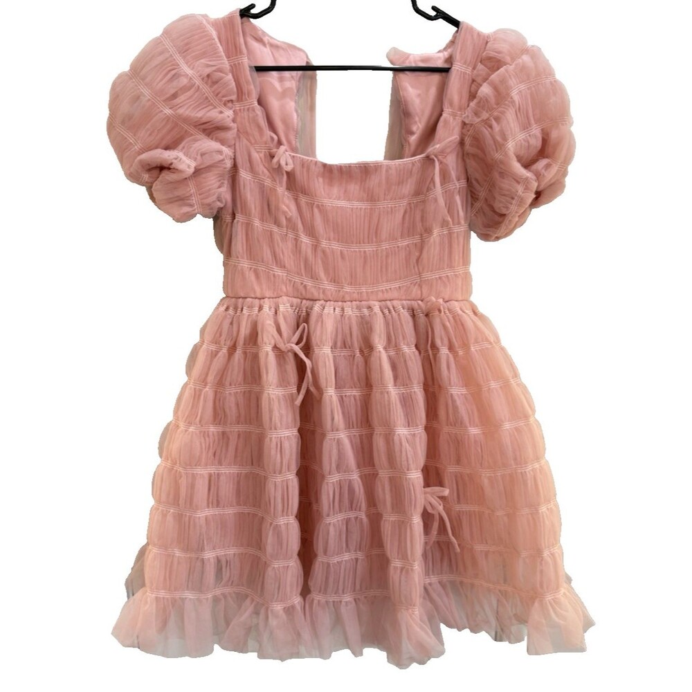 LULU Utterly Adored Pink Tulle Textured Rose Pink Puff Dress Babydoll Halloween